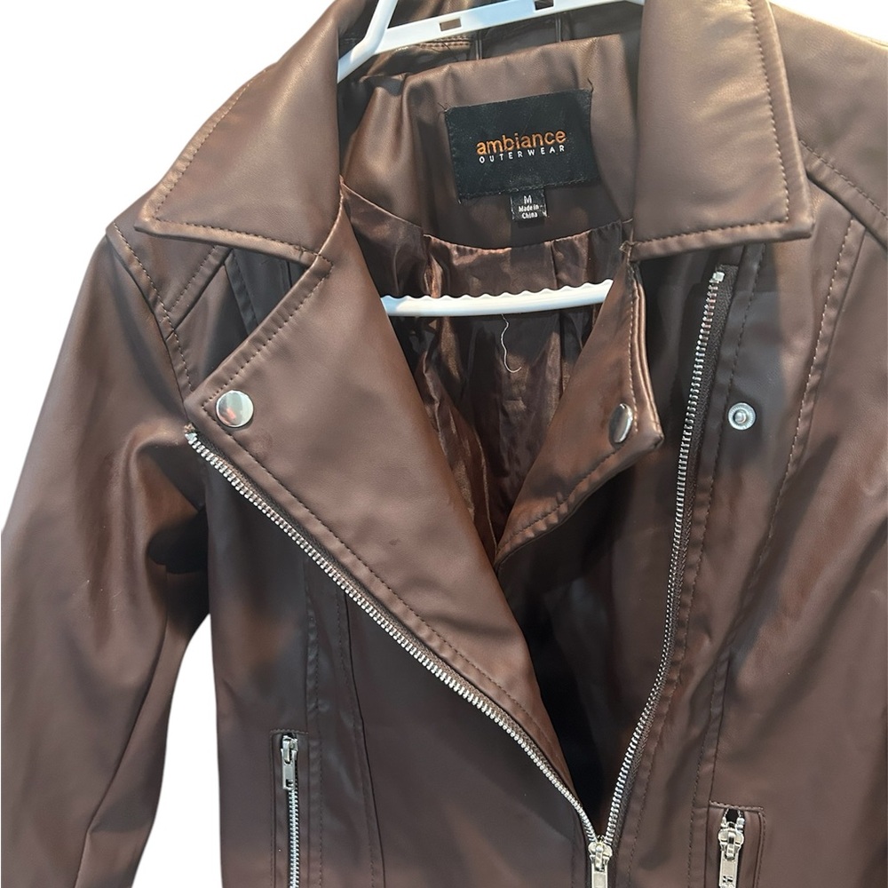 Ambiance Brown Leather Moto Jacket with Asymmetrical Collar